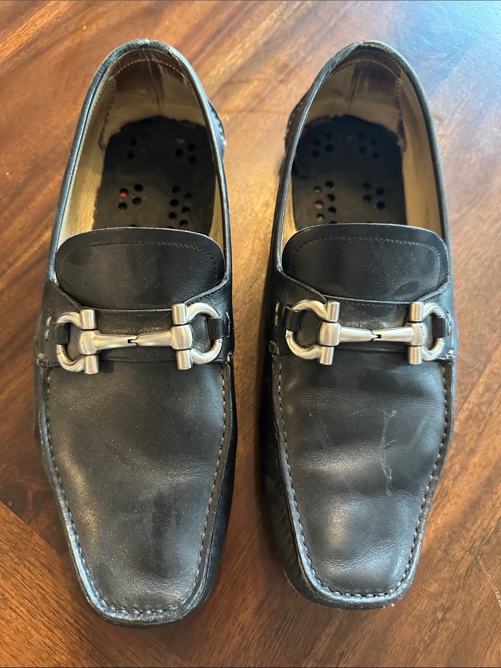 Salvatore Ferragamo Black Leather Bit Loafers with Silver Hardware